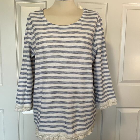 J.Jill Women's Striped Fringed Trim Cotton Pullover, size Large - Picture 3 of 10